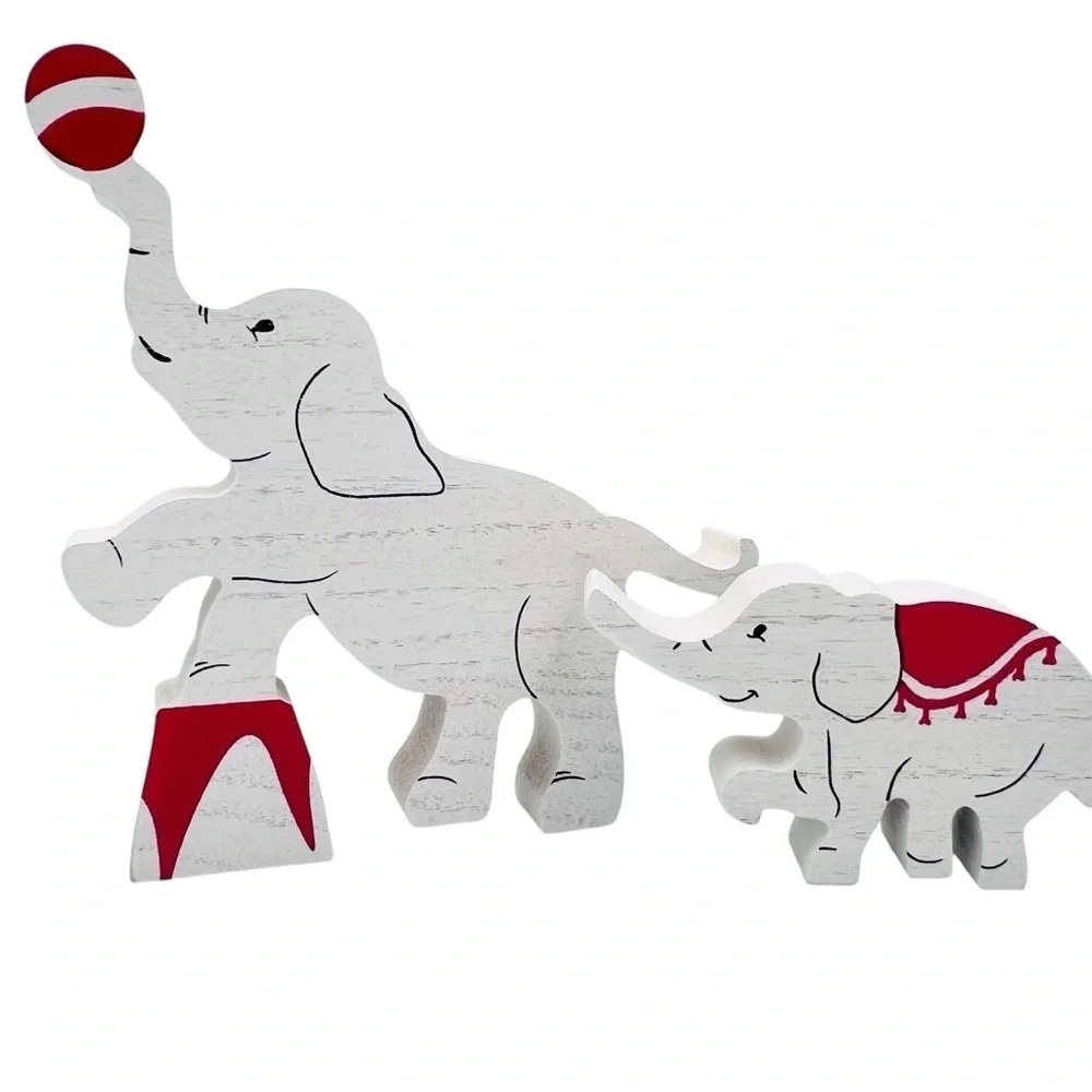 Whimsical Elephant Circus Family Red & White Wooden Sign Set of 3 Home Decor NEW